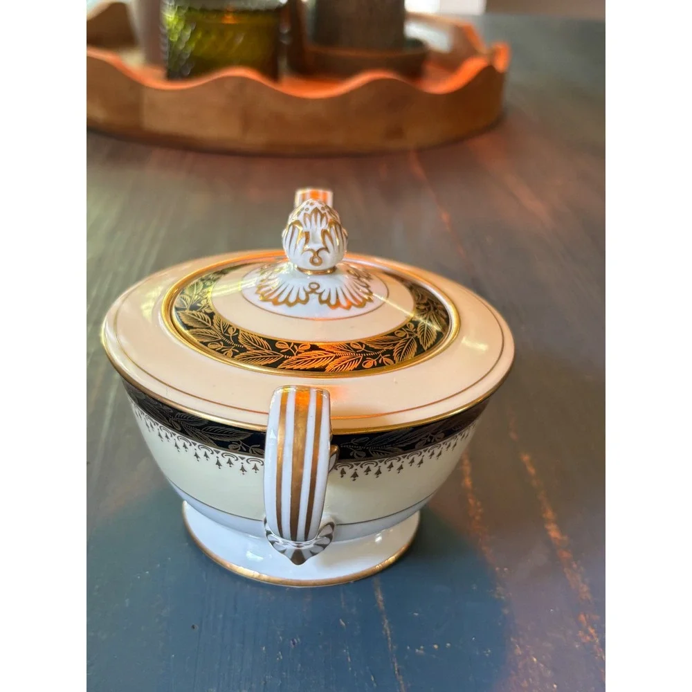 Noritake China Sugar Bowl with Lid Black Gold Encrusted Laurel Japan Cream White